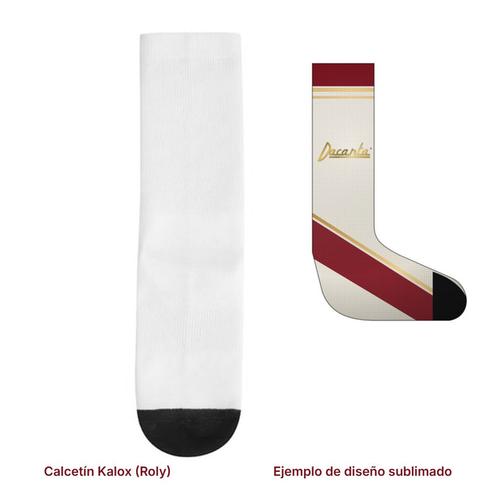 Calcetín Roly Kalox blanco sublimable y ejemplo de diseño Dacarta